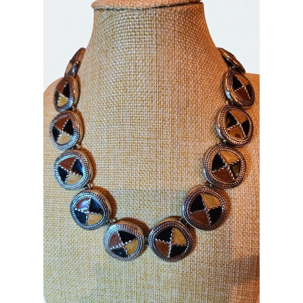 Vintage Silver Tone Enamel Necklace Chunky Disc Black Brown Southwestern Toggle